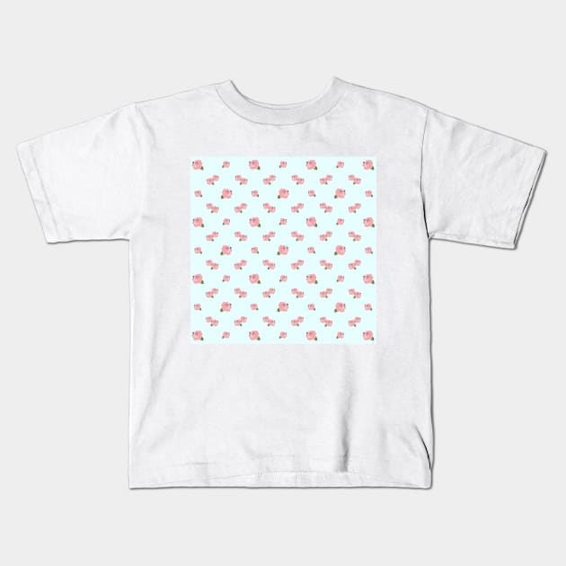 Pink Roses Pattern on Light Blue Kids T-Shirt by NataliePaskell